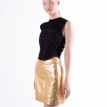 Vintage 1990s Gold Metallic Leather Mini Skirt sz S M 27 28 Moto 90s 80s 