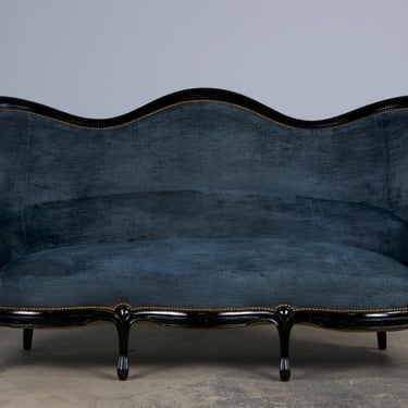 19th Century Napoleon III Ebonized Settee W/ Blue Velvet 