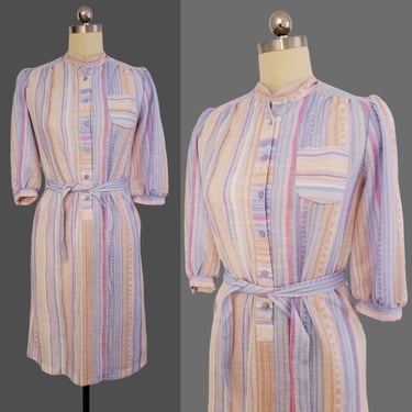 1980s Striped Dress with Matching Tie Belt - 80's Dresses - 80s Women's Vintage Size Medium 