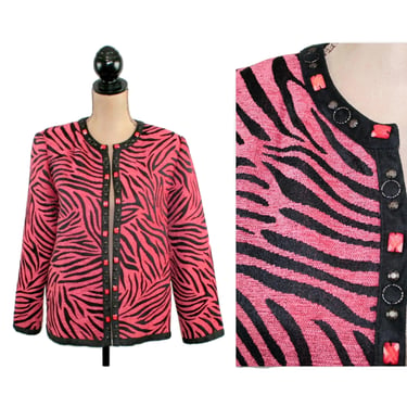 Y2K Open Front Chenille Jacket Large, Pink and Black Tiger Stripe Animal Print, 2000s Clothes for Women, ALFRED DUNNER Petite Size 12 