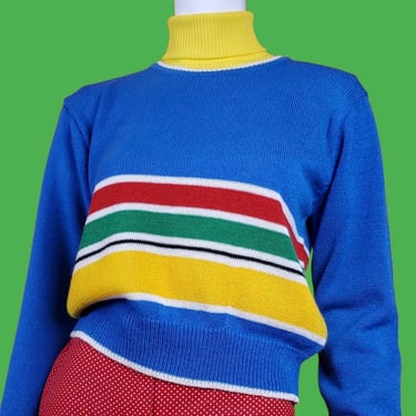 Striped rainbow sweater from the 70s. Pullover crewneck colorblock ribbed edges roller girl. Brighten your days. (Size S) 