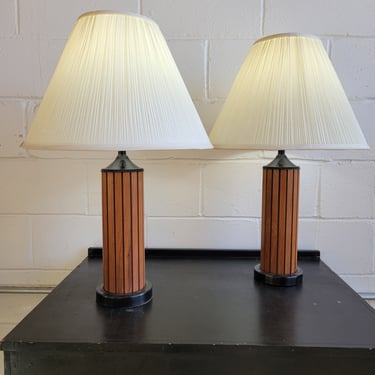 Pair of Mid Century Teak Slat Column Lamps