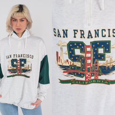 San Francisco Shirt 90s Quarter Zip Sweatshirt Golden Gate Bridge Graphic Pullover Sweater Heather Grey California Sweater Vintage 1990s XL 
