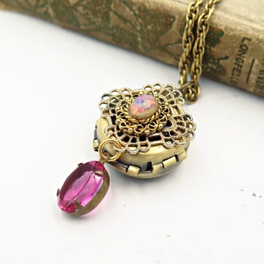 Pink Opal Locket Necklace, Victorian Pendant, 4 Photo Locket, Multi Photo Locket Necklace, Vintage Harlequin Opal 