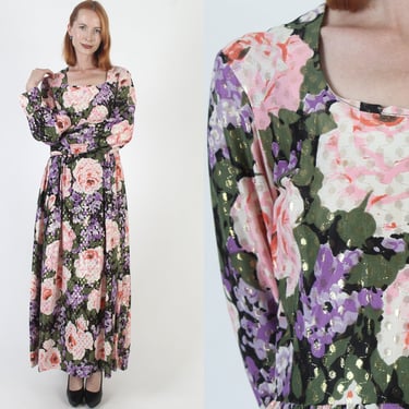 Rose Floral Print Cocktail Party Dress Gold Metallic Loungewear 70s Shiny Draped Avant Garde Maxi Dress 