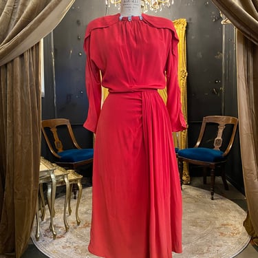 1940s cocktail dress, reich originals, red cold rayon, vintage 40s dress, film noir, small, draped hip, crew neck, old hollywood, 26 waist 