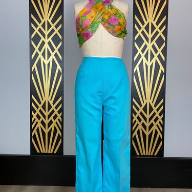 1960s pants, turquoise cotton, high waist, vintage pants, back zipper, pocketless, 26 27 waist, mrs maisel style, straightt leg, glenbrooke 