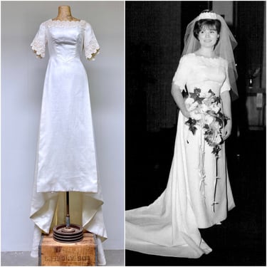 Vintage 1960s Cahill Ltd Ivory Linen and Guipure Lace Wedding Dress, Mid-Century Modern Bridal Gown w/Long Train, Small 34