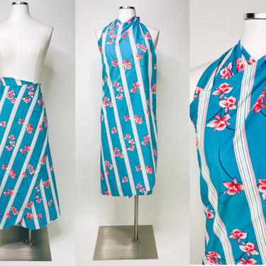 1970s-1980s Hilo Hattie's Hawaii Blue Striped Wrap Skirt or Dress w Pink Flowers O/S | Vintage, Summer, Pool, Comfy, Hawaiian, Gender Reveal 