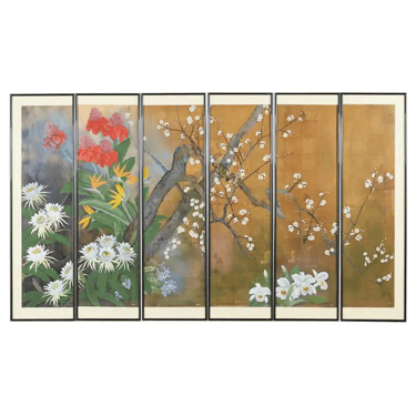 Set of Six Japanese Showa Period Framed Painted Panels by Carlota T. Ige