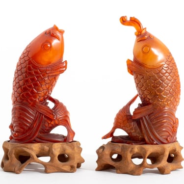 Chinese Carved Horn Carp Form Snuff Bottles, Pair