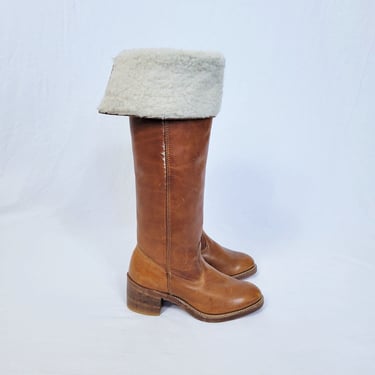1970's Dingo Tan Leather Shearling Lined Chunky Wood Sole Boots I Sz 5.5 I Hippie I Festival I Rocker 