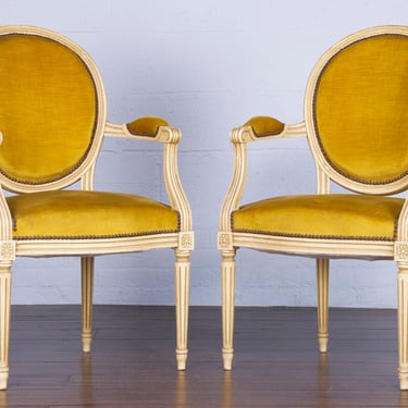 Antique French Louis XVI Style Painted Armchairs W/ Mustard Velvet - A Pair 