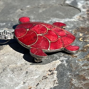 Sterling Silver and Red Coral Sea Turtle Pendant / Brooch / Pin 