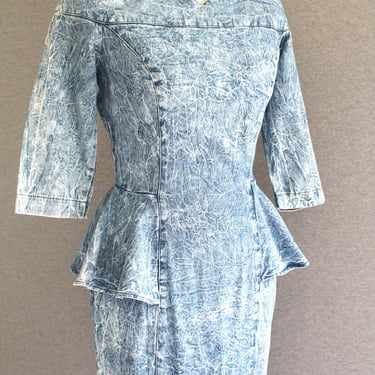 1980s - Acid-Wash - Denim Dress - Peplum - Off Shoulder - by Young Edwardian - Marked size 9 