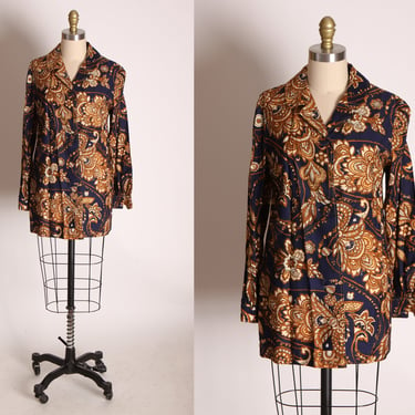 1970s Navy Blue and Gold Leaf Swirl Long Sleeve Button Up Blouse -M 