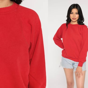 Red Sweatshirt 80s 90s Plain Crewneck Pullover Sweatshirt Retro Raglan Sleeve Sweater Normcore Solid Slouchy Basic Streetwear Vintage Large 