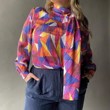 Vintage 1980s Rainbow Blouse / Vintage 1980s Bow Tie Blouse / Vintage Blouse Large / Vintage Blouse 12 / 1980s Secretary Blouse Large 