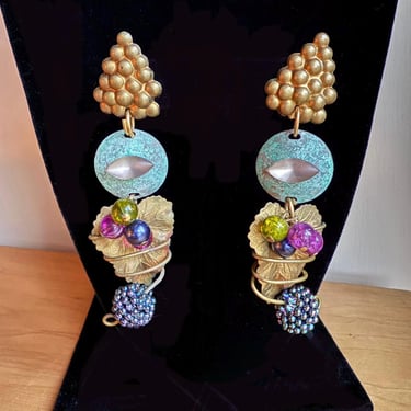 Postmodern Artisian Earrings Grapes Dangle Assembled Studio 1980s 