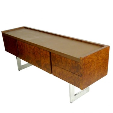 Burl Wood and Chrome Cantilevered Credenza