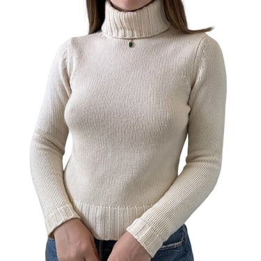 Vintage 1990s Ann Taylor 100% Cashmere Thick White Ribbed Turtleneck Sweater S 