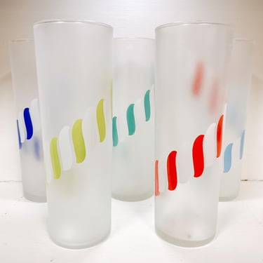 1950s Mid Century Libbey Frosted Candy Stripe Tall Collins Glasses Set of 5 | Vintage, Retro, Barware, Glassware, Modern, Holiday, Christmas 