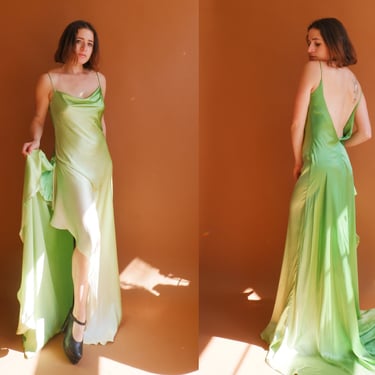 Vintage Backless Green Ombre Silk Gown/ 1990s Cowl Neck Asymmetrical Hem Bias Cut Dress with Train/ Size Small Medium 