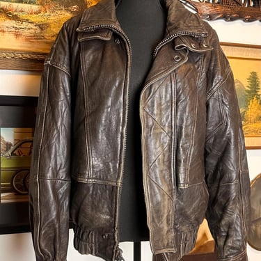 Vintage Y2K Brown Leather Bomber Jacket 