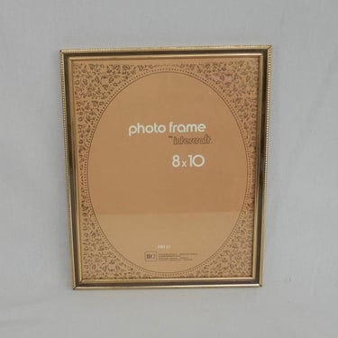 Vintage Picture Frame - Gold Tone Metal and Brown Trim w/ Glass - Tabletop or Wall - Holds 8