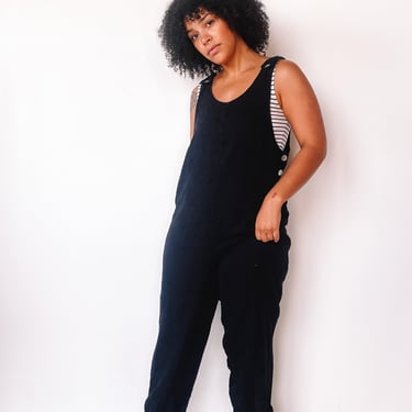 1990s Black Embroidered Overalls, sz. L/XL
