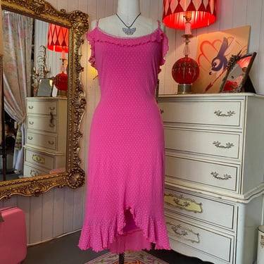 vintage y2k Betsey Johnson slip dress hot pink polka dot ruffled flower applique 