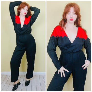 1980s Vintage Teena Paige Rayon Color Block Jumpsuit / Red and Black Wrap Front Plunging Neck Romper / Size Large 