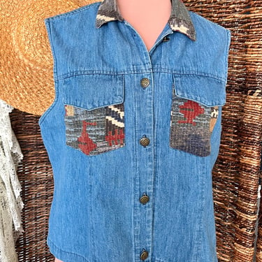 Denim Top, Vest, Ikat Pattern, Ethnic Tribal Print, Metal Buttons, Blue Jean Cotton, Vintage 90s 