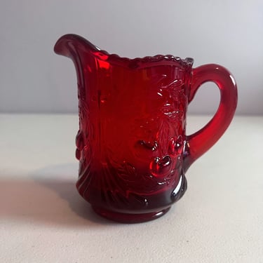 Vintage LG Wright Fenton Glass Ruby Red Wreathed Cherry Cherry Wreath Creamer 
