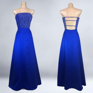 VINTAGE 90s Blue Sparkle Strapless Ball Gown Prom Dress by Jump Apparel Sz 5/6 | 1990s Open Cage Back Formal Gown Party Dress | VFG 