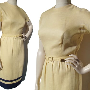 Vintage 60s Sport Whirl Dress Yellow & Navy Jeanne Campbell M 
