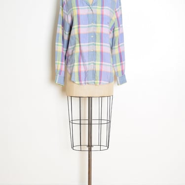 vintage 90s top Ralph Lauren linen pastel plaid button up shirt blouse M 