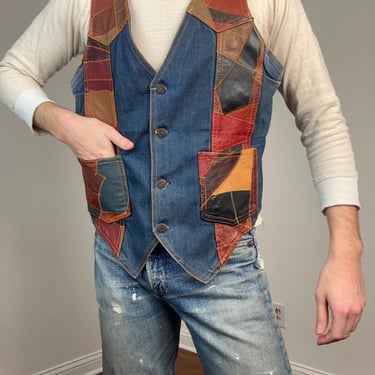 70s Rosemary patchwork leather and denim vest Size XL 