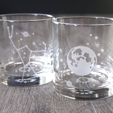 Orion or Full Moon Lowball Glass etched cocktail glassware 