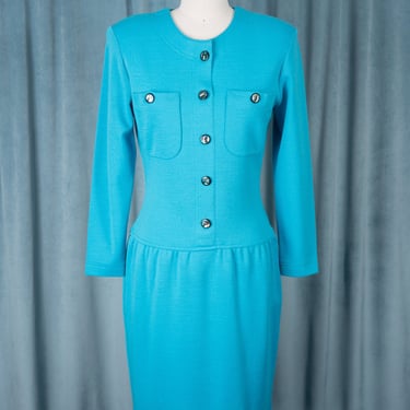 Classic Vintage 1980s David Warren New York Turquoise Wool Blend Dress with Abalone Buttons 