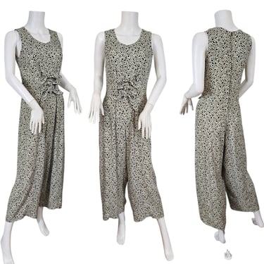 1990s CDC Black Grey Ditsy Floral Print Rayon One Piece Jumpsuit I Sz Sm I Baggy Fit 