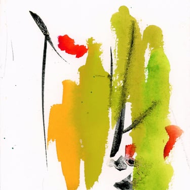 Abstract Watercolor Landscape - 5x7 inch - green, yellow, red, black - gift art - one of a kind art - expressive art - vertical orientation 