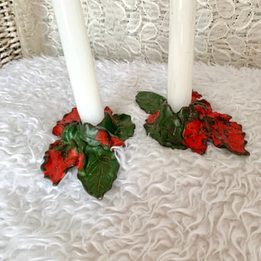Poinsettia Candle Holders, Cast Iron Candlestick Holders, Holidays, Sustainable Living, Vintage Home Decor 