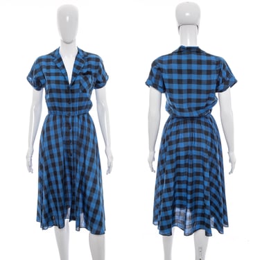 1980's JT Dress Blue and Black 50s Style Gingham Dress Size S/M