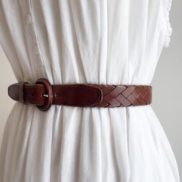 brown braided leather belt 90s vintage woven leather belt 