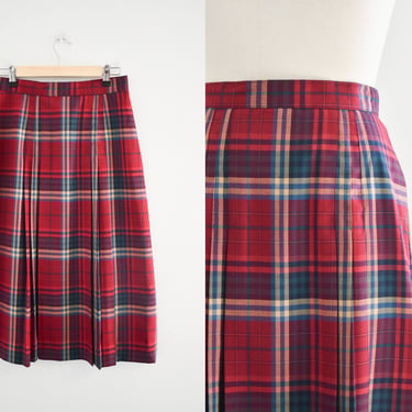 1980s Skyr Red Plaid Pleated Midi Skirt 