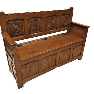Entry Way Bench | Antique Carved Dutch Hall Bench or Monks Bench With Under Seat Storage 