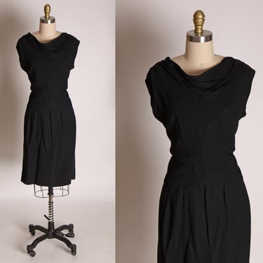 1950s Black Sleeveless Draped Bodice Blouse with Matching Pencil Skirt Two Piece Skirt Suit by Edith Flagg 