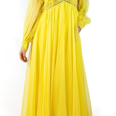 1960S Yellow Polyester Chiffon Crystal Encrusted Gown With Giant Blouse Sleeves 
