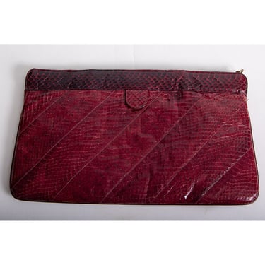 Vintage 1970s deep red snakeskin clutch / Large flat hinge open purse 